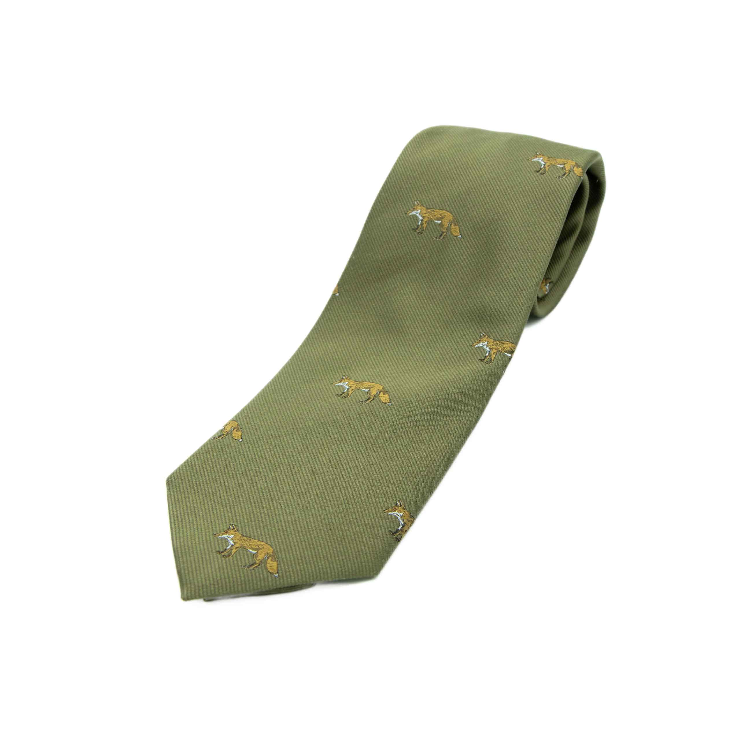 ジビエ柄ネクタイ　カーキ　キツネ